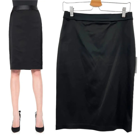 Tadashi Shoji Stretch Satin Pencil Skirt in Black Size 6‎